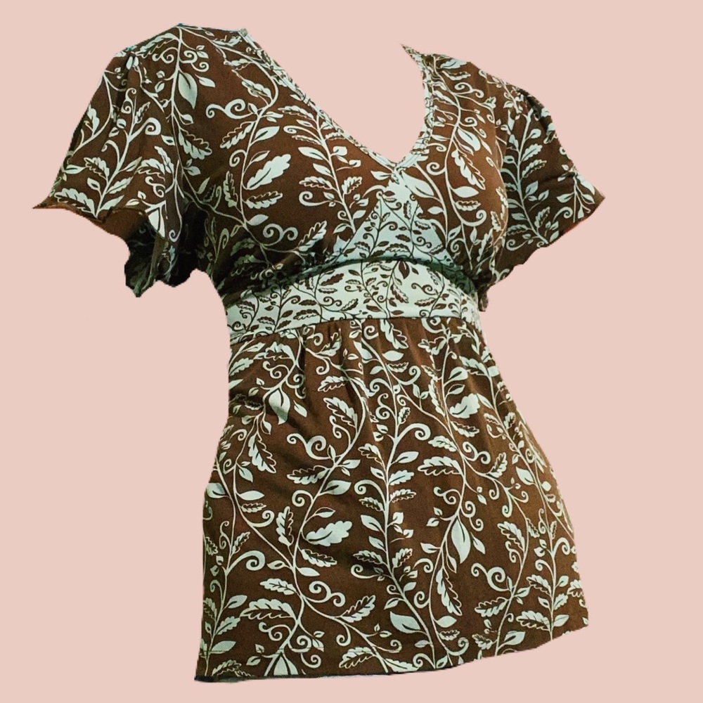 brown and teal y2k v neck blouse